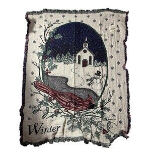 Vintage Chatham Winter Throw Church Holly Berry Red Cardinal Snowflakes Jacquard
